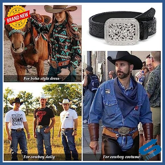 Genuine Leather Western Belt Silver Diamond Buckle Unisex Cowboy Cowgirl main image 6